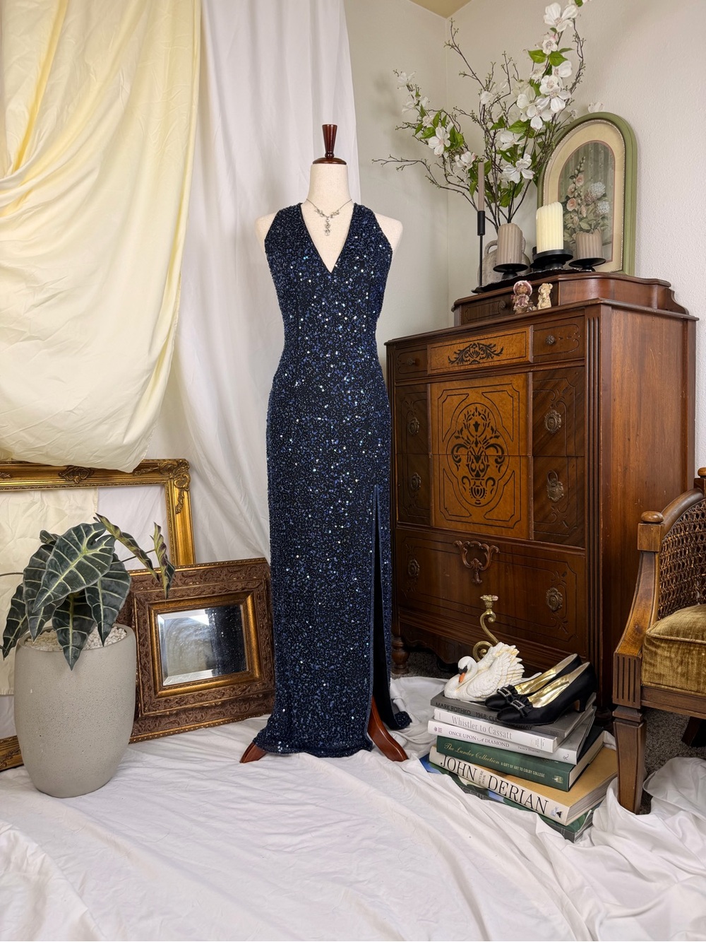 Vintage 90s Style Navy Sequined Halter Maxi Dress for prom, gala, homecoming